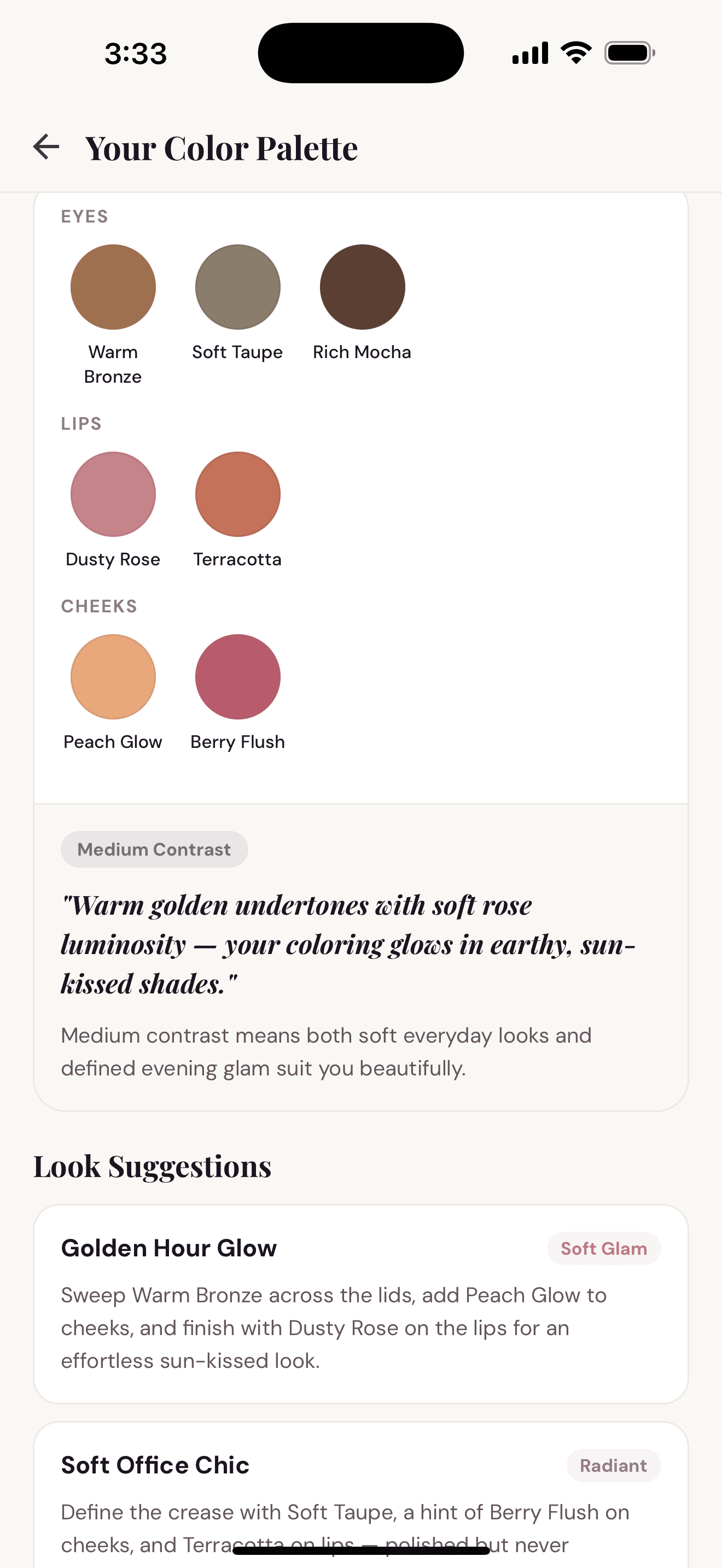 Personalized color palette with eye, lip, and cheek shades